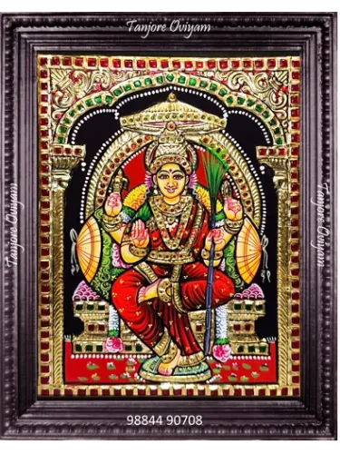 Lalitha Tripurasundari Tanjore painting seated red saree sugarcane bow gold foil artwork